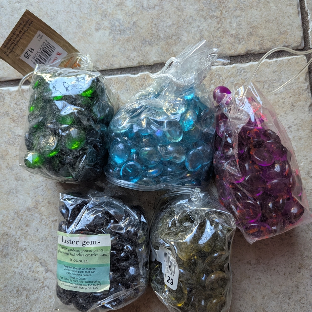 Colorful Luster Gems Set Of 5 Bags. Pink,Yellow, Blue, Green, & Black Iridescent